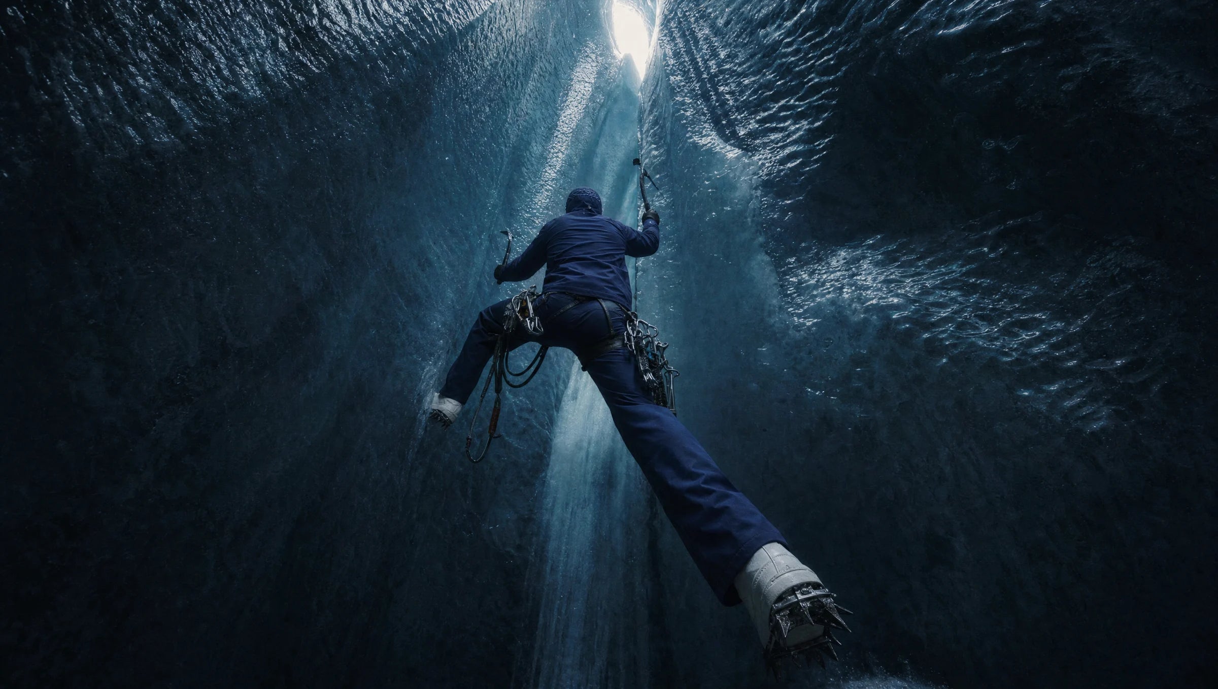 The navy CROWNED HEAVEN Rain Shell in a glacier ice passage, photographed from below.
