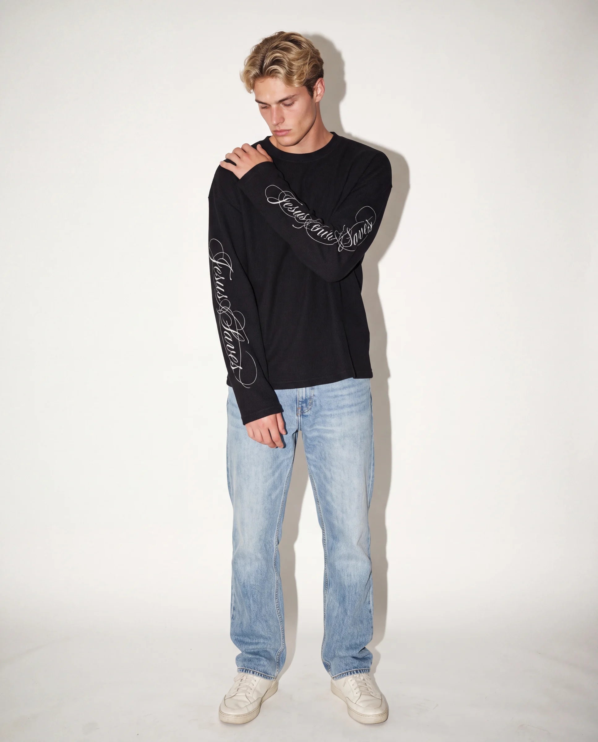 Jesus Saves Longsleeve Black, worn sleeve 