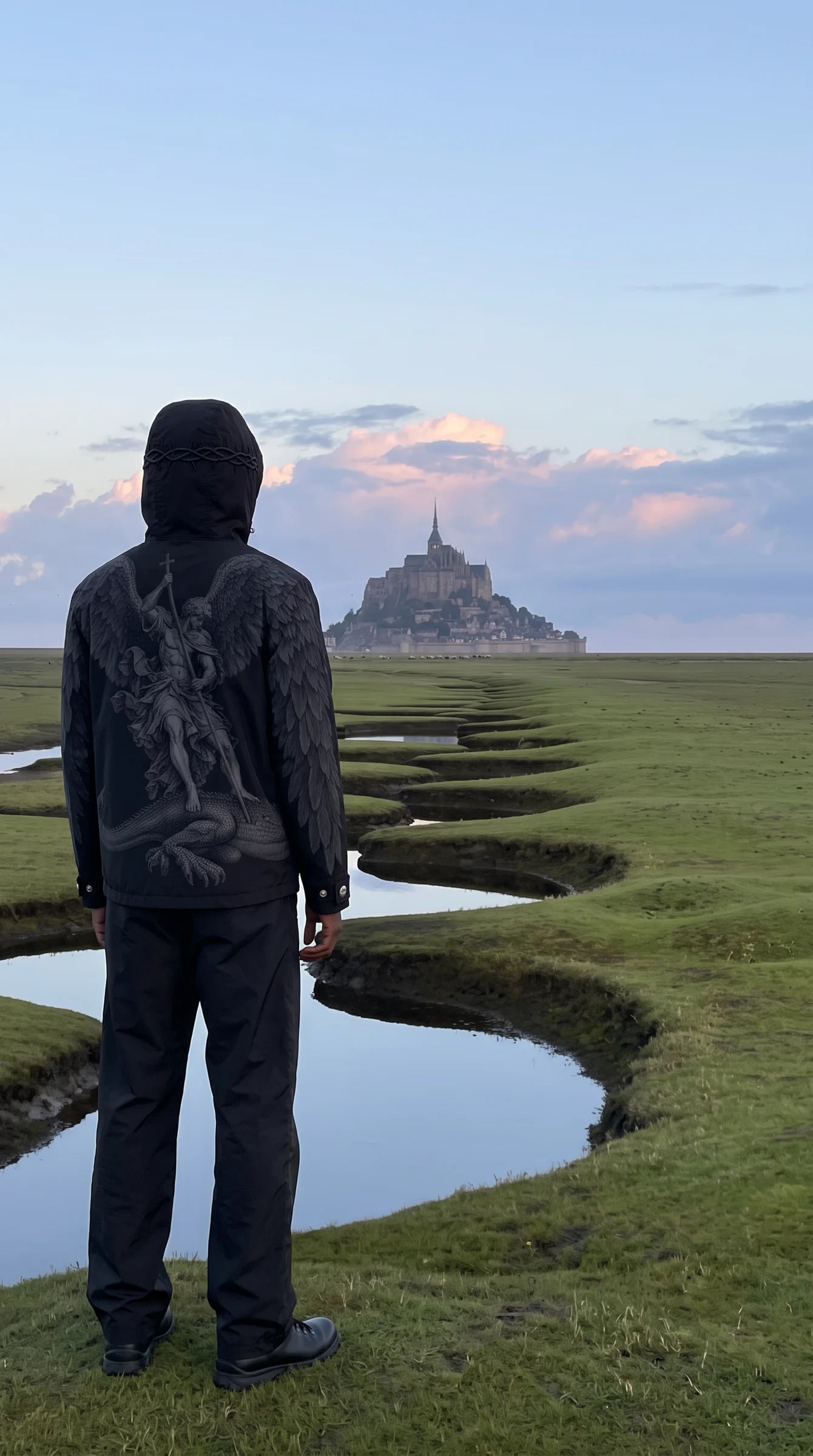 The black ISAIAH Rain Shell, seen from behind, facing Mont-Saint-Michel.
